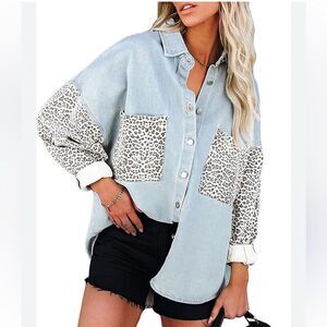 POL Denim and Leopard Button Up Shirt